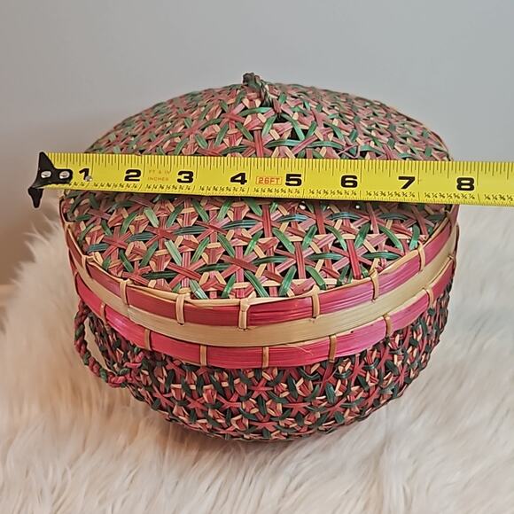 Woven Pink and Green Basket with Lid - Picture 5 of 6